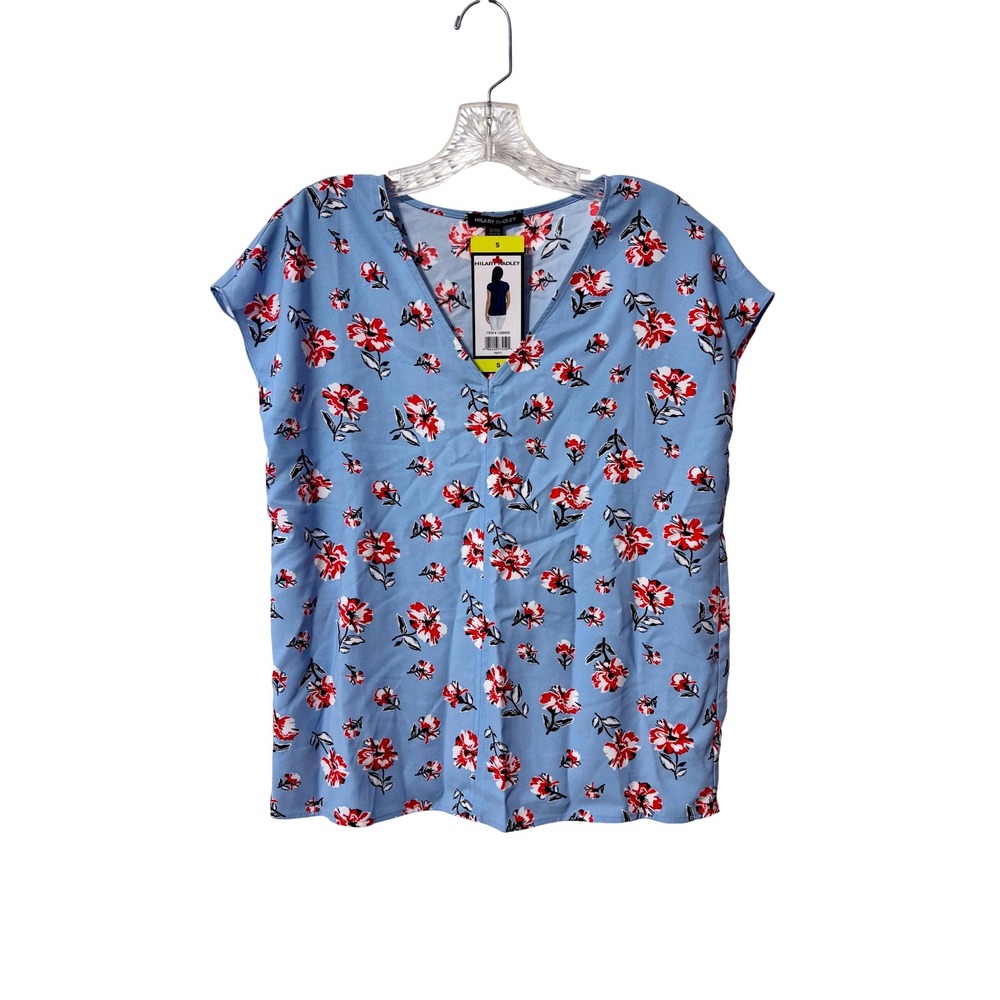 Hilary Radley Womens Floral V-Neck Short Sleeve Blouse Blue Red S NWT